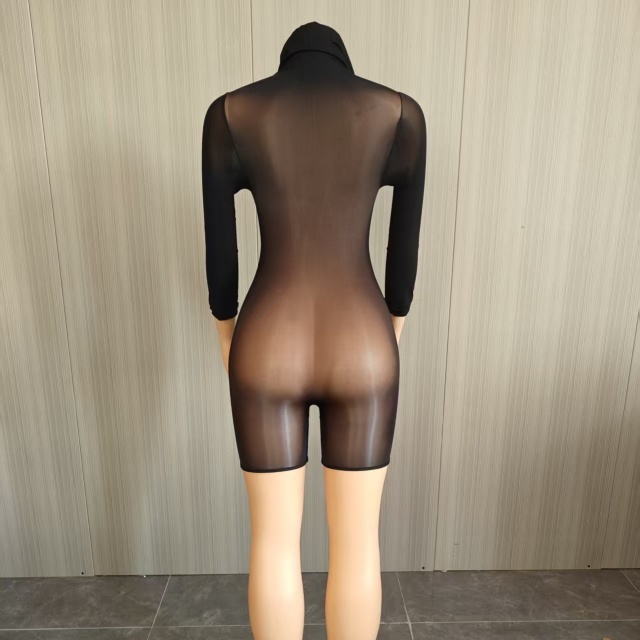 Sheer Mesh Hooded Zipper-up Lingerie Romper