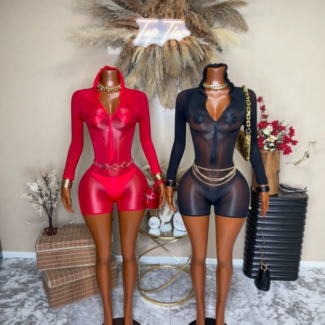 Sheer Mesh Hooded Zipper-up Lingerie Romper