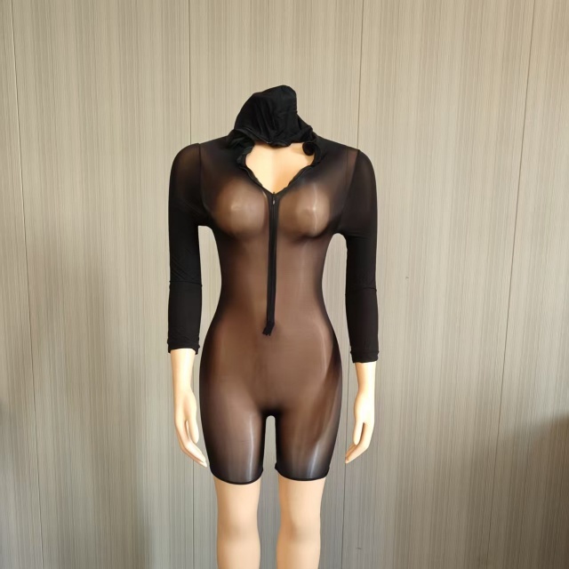 Sheer Mesh Hooded Zipper-up Lingerie Romper