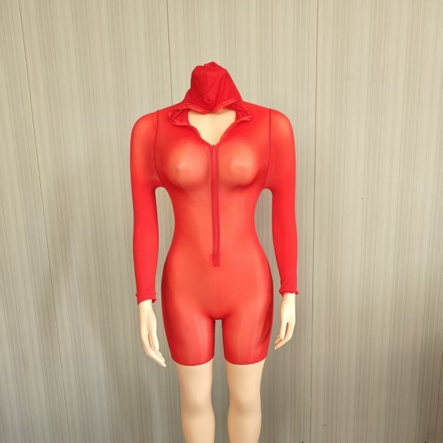 Sheer Mesh Hooded Zipper-up Lingerie Romper