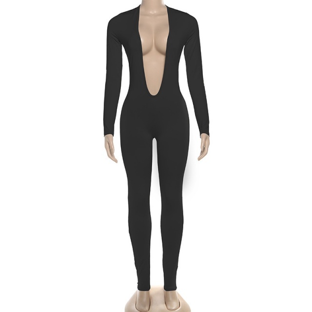 Basic Style Plunging V Neck Tight Jumpsuit