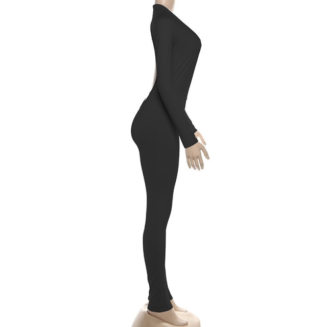 Basic Style Plunging V Neck Tight Jumpsuit
