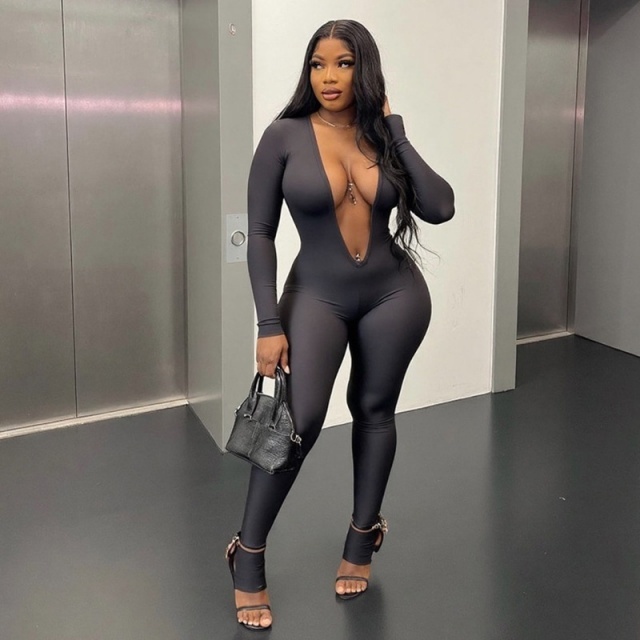 Basic Style Plunging V Neck Tight Jumpsuit