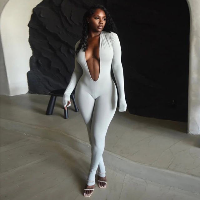 Basic Style Plunging V Neck Tight Jumpsuit