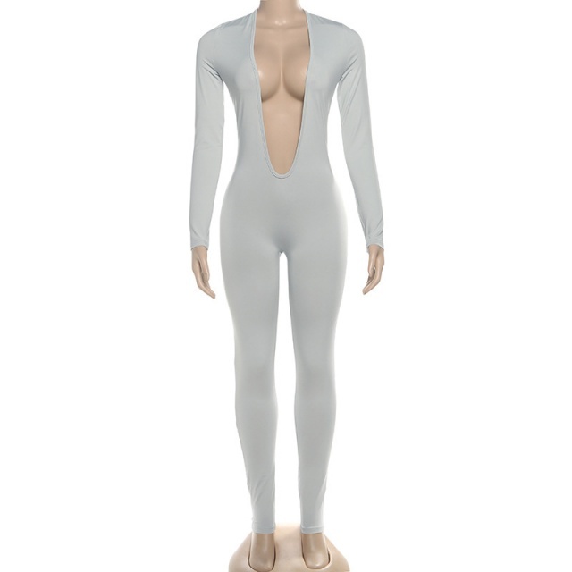 Basic Style Plunging V Neck Tight Jumpsuit