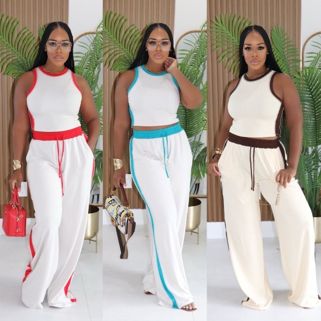 Contrast Color Tank Top Wide Legs Pant Set