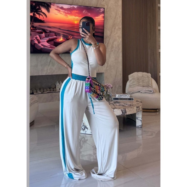 Contrast Color Tank Top Wide Legs Pant Set
