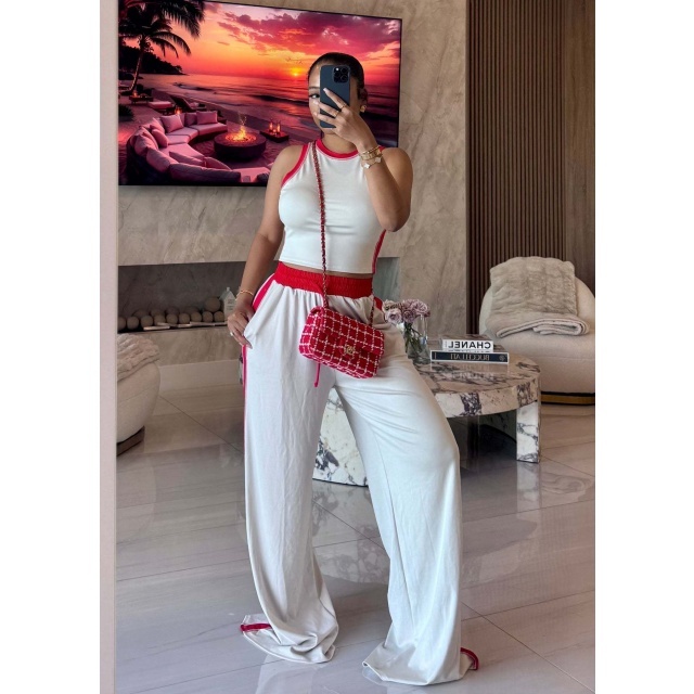 Contrast Color Tank Top Wide Legs Pant Set
