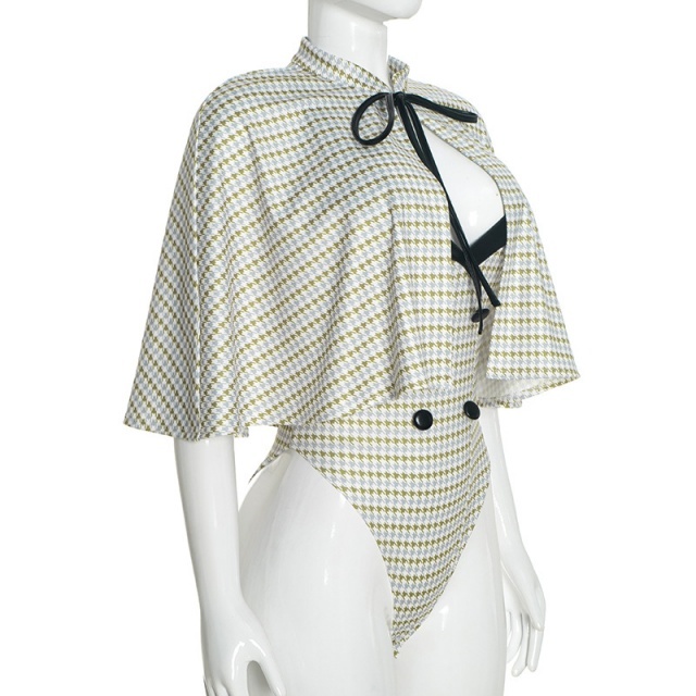 Designer Houndstooth Bodysuit with Cape-like