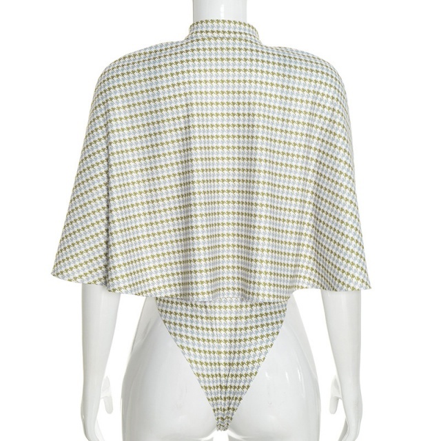 Designer Houndstooth Bodysuit with Cape-like