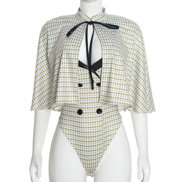 Designer Houndstooth Bodysuit with Cape-like