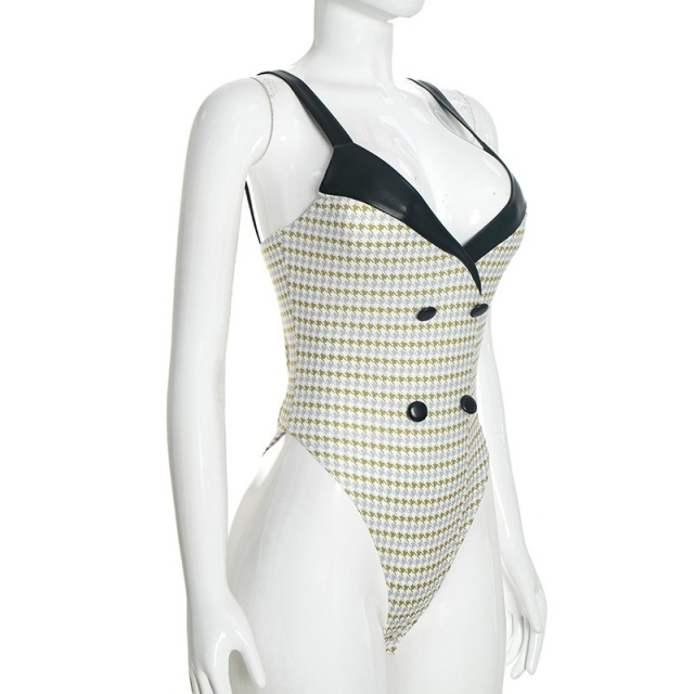 Designer Houndstooth Bodysuit with Cape-like