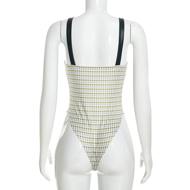 Designer Houndstooth Bodysuit with Cape-like