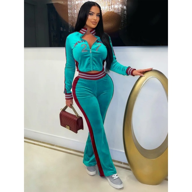 Fashion Embroidery Velvet Color Block Fall Tracksuit Set