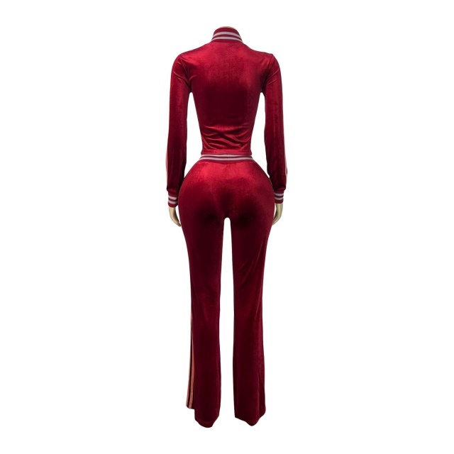 Fashion Embroidery Velvet Color Block Fall Tracksuit Set