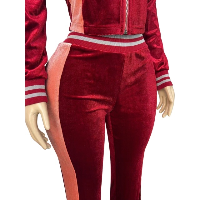 Fashion Embroidery Velvet Color Block Fall Tracksuit Set