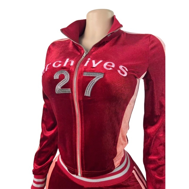 Fashion Embroidery Velvet Color Block Fall Tracksuit Set