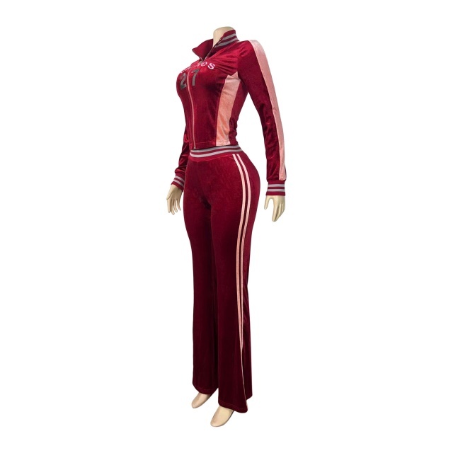 Fashion Embroidery Velvet Color Block Fall Tracksuit Set
