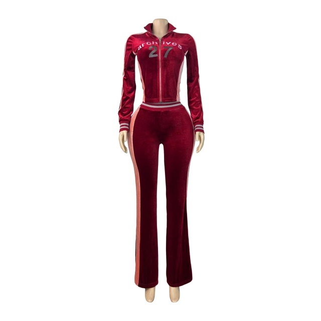 Fashion Embroidery Velvet Color Block Fall Tracksuit Set
