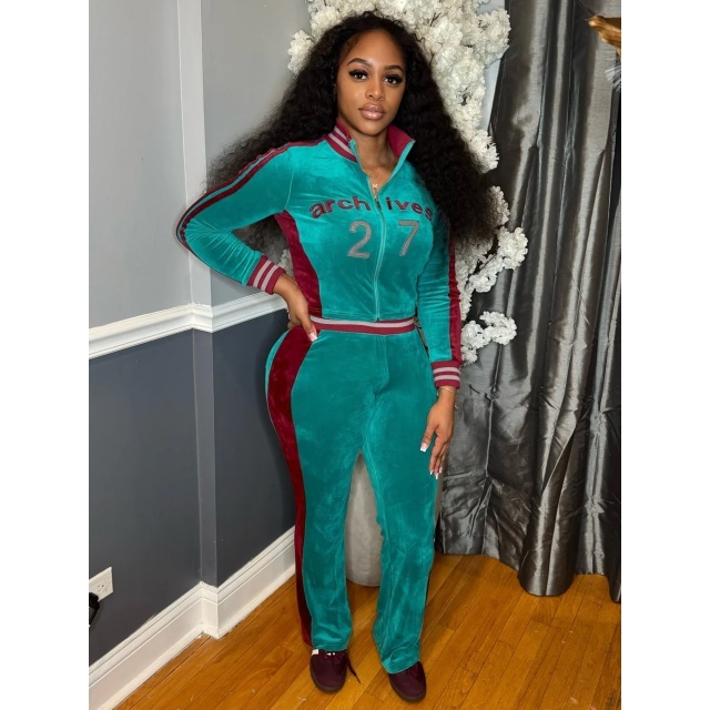 Fashion Embroidery Velvet Color Block Fall Tracksuit Set