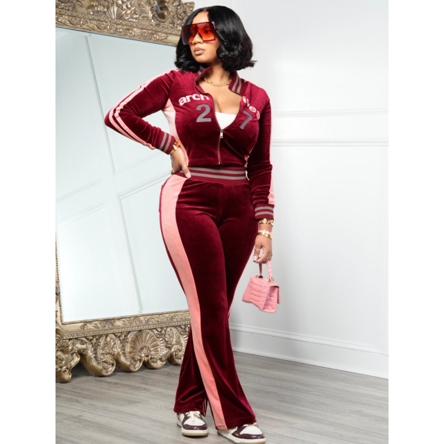 Fashion Embroidery Velvet Color Block Fall Tracksuit Set
