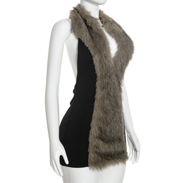 Fur-trimmed Halter Neck Open Back Bodycon Dress