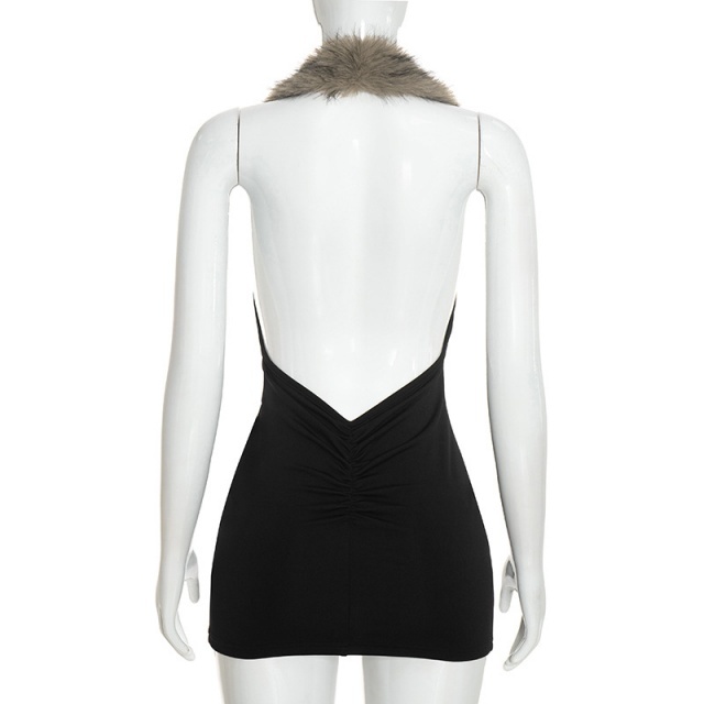 Fur-trimmed Halter Neck Open Back Bodycon Dress