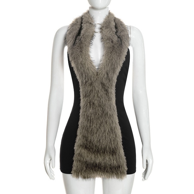 Fur-trimmed Halter Neck Open Back Bodycon Dress