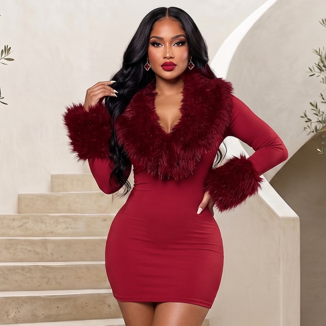 Fur-trimmed Long-sleeve Bodycon Dress