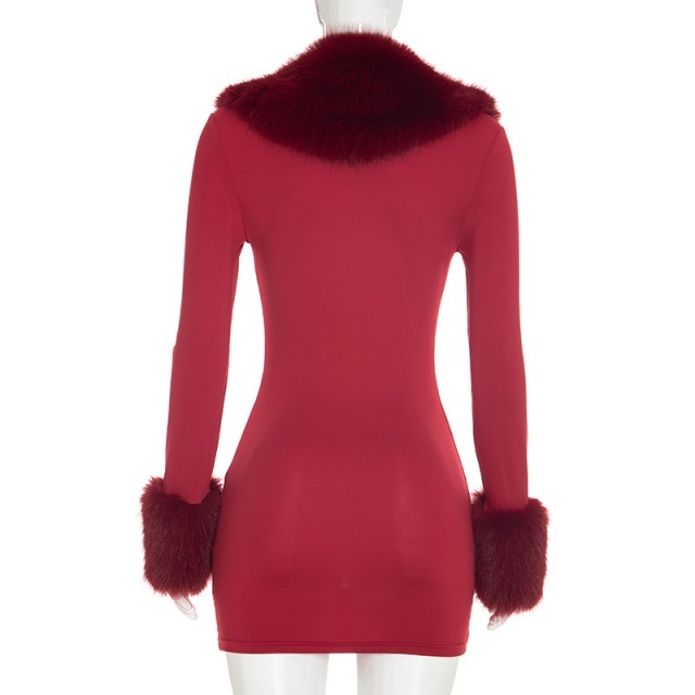 Fur-trimmed Long-sleeve Bodycon Dress