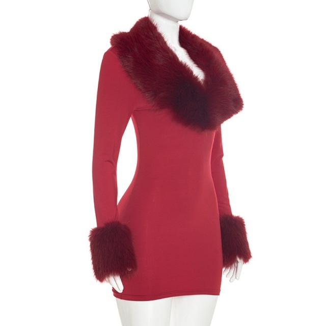 Fur-trimmed Long-sleeve Bodycon Dress