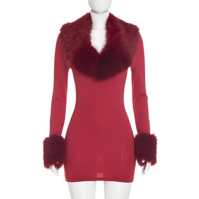 Fur-trimmed Long-sleeve Bodycon Dress
