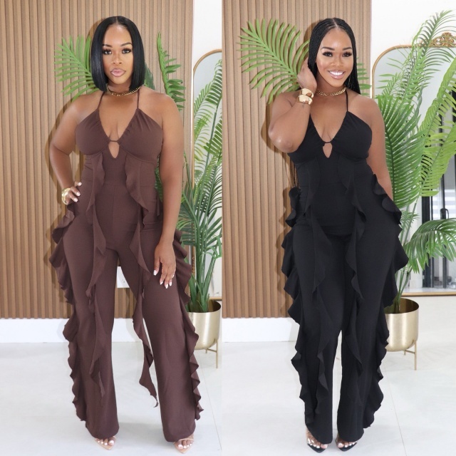 Halter Deep V Side Ruffled Fitted Jumpsuit