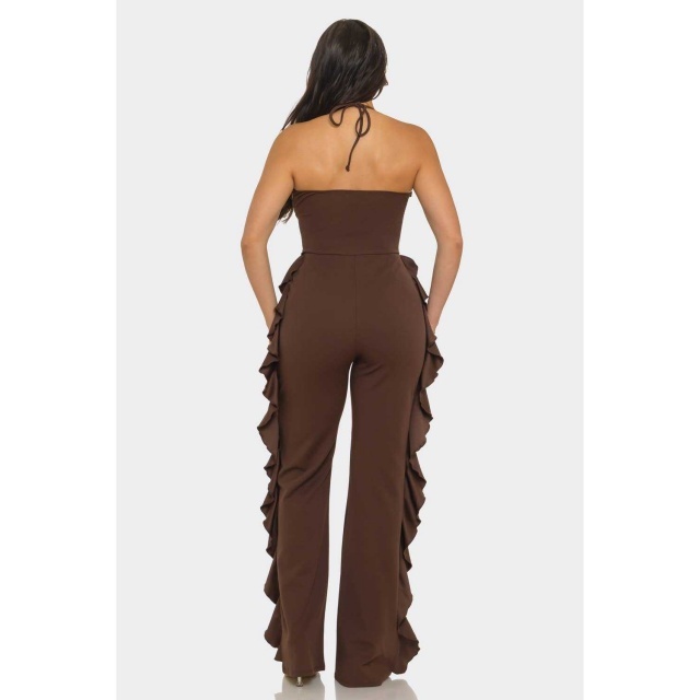 Halter Deep V Side Ruffled Fitted Jumpsuit