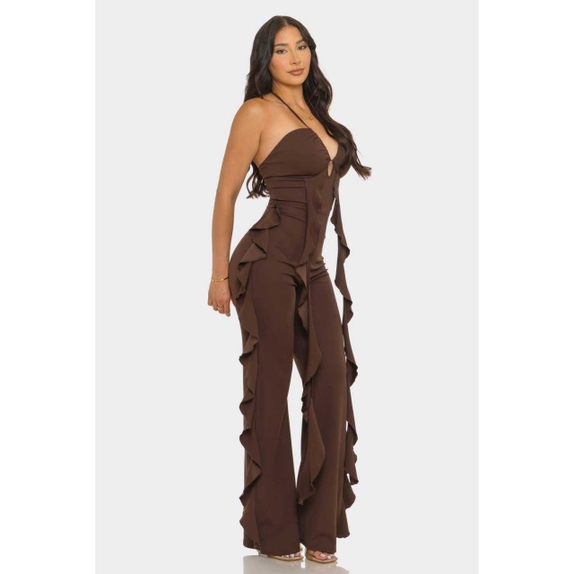 Halter Deep V Side Ruffled Fitted Jumpsuit