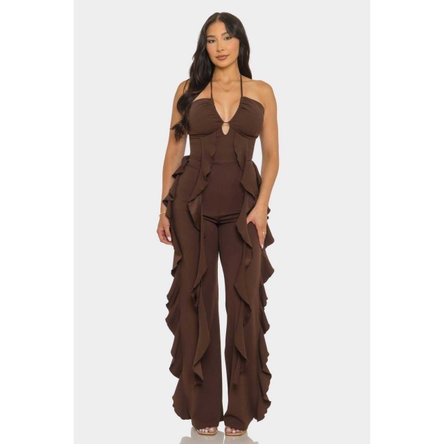 Halter Deep V Side Ruffled Fitted Jumpsuit