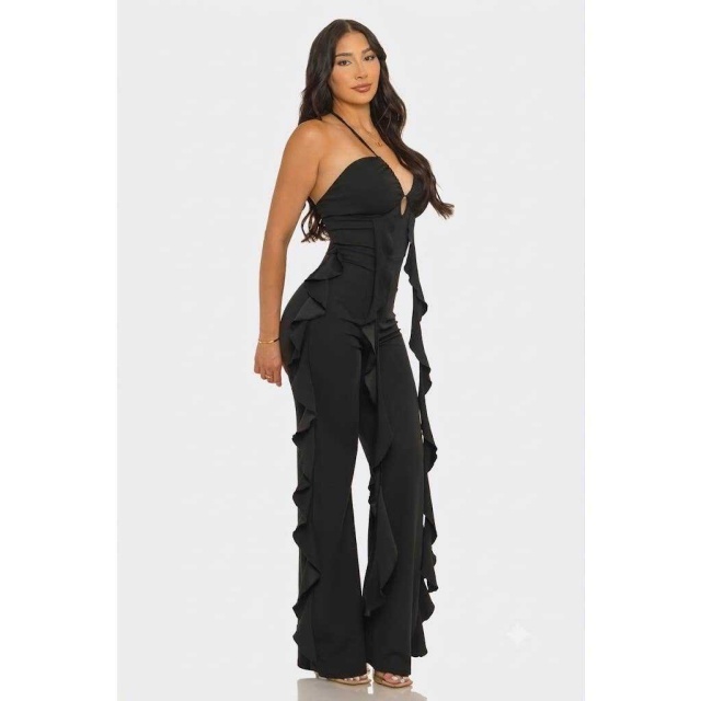 Halter Deep V Side Ruffled Fitted Jumpsuit