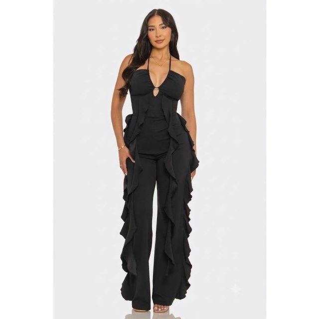 Halter Deep V Side Ruffled Fitted Jumpsuit