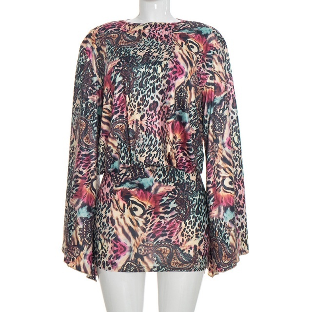 Leopard Printed Flare Sleeve Backless Bodycon Dress
