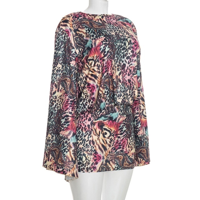 Leopard Printed Flare Sleeve Backless Bodycon Dress