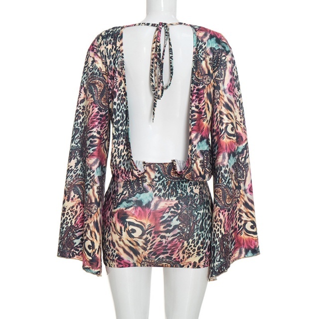 Leopard Printed Flare Sleeve Backless Bodycon Dress