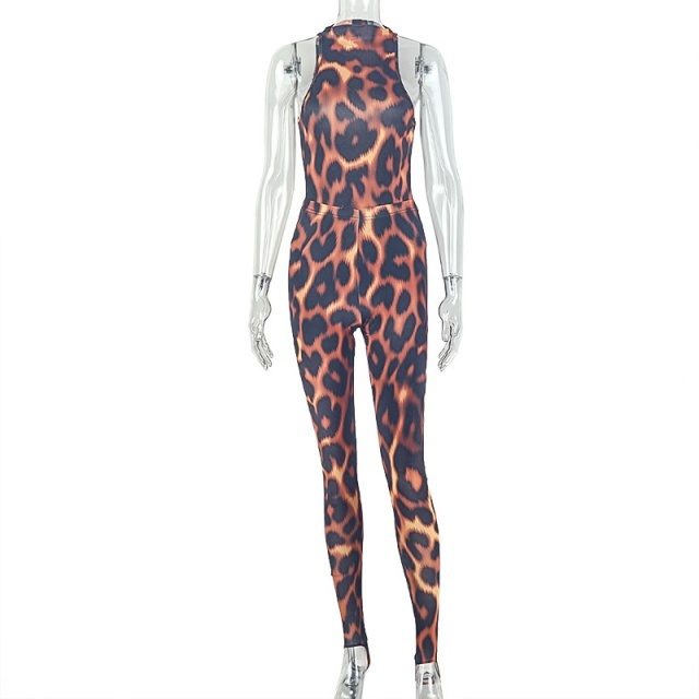 Leopard Printed Sleeveless Teddies Fitted Pant Set