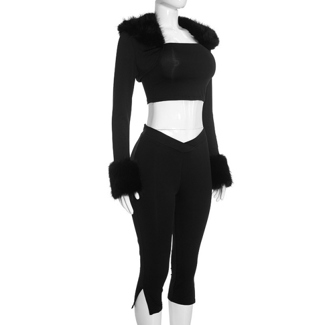 Long-sleeve Frayed Jacket Tube Top Cropped Pant Set 3 Pieces