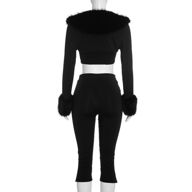 Long-sleeve Frayed Jacket Tube Top Cropped Pant Set 3 Pieces
