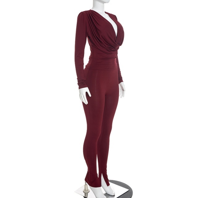 Plunging V Neck Top Slim Fit Split Out Pant Set