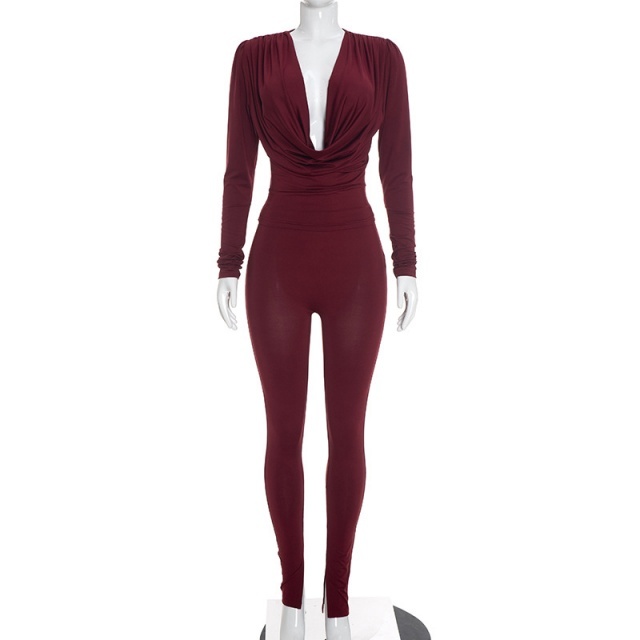 Plunging V Neck Top Slim Fit Split Out Pant Set