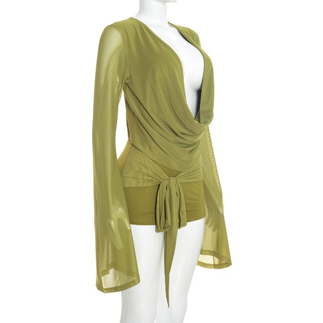 Sheer Mesh V Neck Backless Fitted Romper