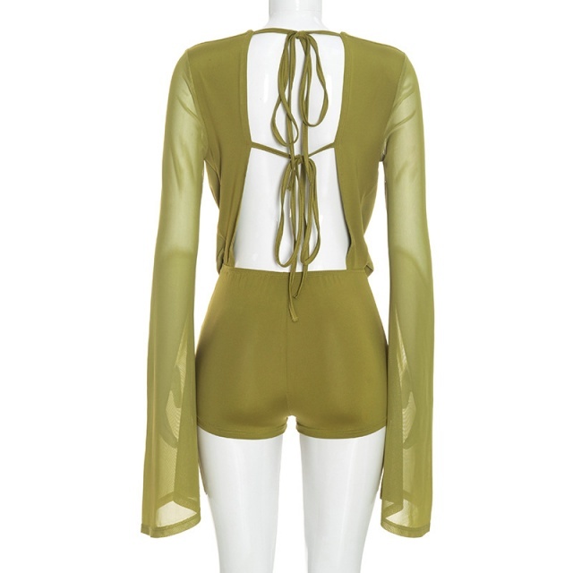 Sheer Mesh V Neck Backless Fitted Romper