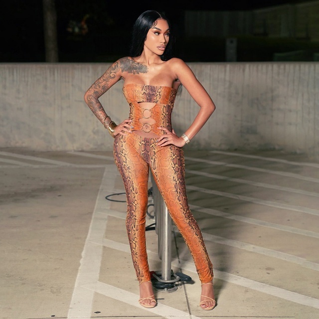 Strapless Hollow Out Snake Printed Jumpsuit