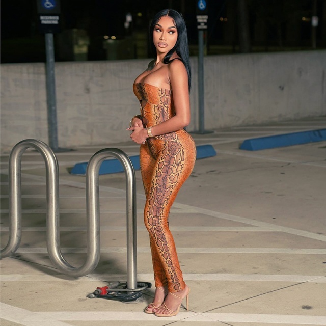 Strapless Hollow Out Snake Printed Jumpsuit